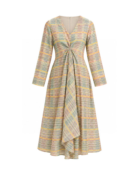 Ash Pastel Check Print Gathered Chanderi Dress - Dress - Mizyana