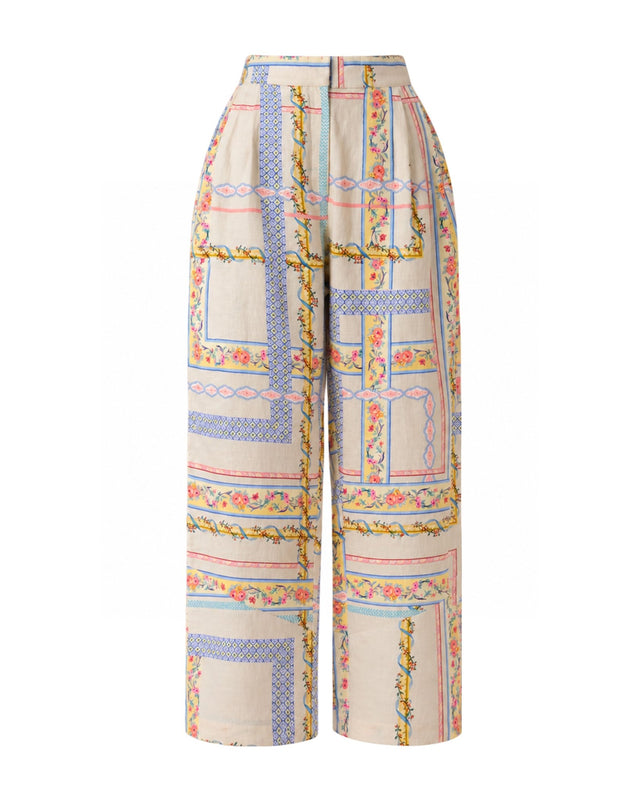 Ash Patchwork Floral Print Linen Trousers - Trousers - Mizyana