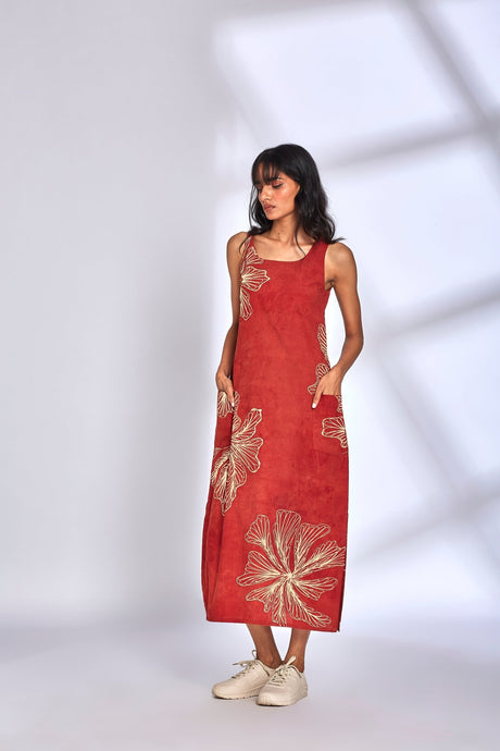 Aura Red Dress by Hasttvam, sleeveless red maxi with cream floral print, pockets and side slits, front view