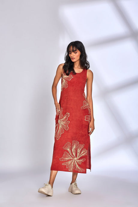 Aura Red Dress with square neckline and front pockets, full length front view