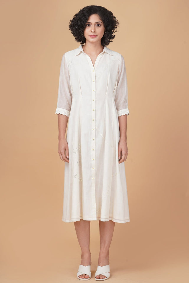 Azisai embroidery with cross stitch embroidery cotton chanderi dress - Dress - Mizyana