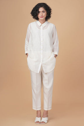 Azisai embroidery with cross stitch embroidery shirt in cotton chanderi and straight pant in silk chanderi - Two-Piece Set - Mizyana