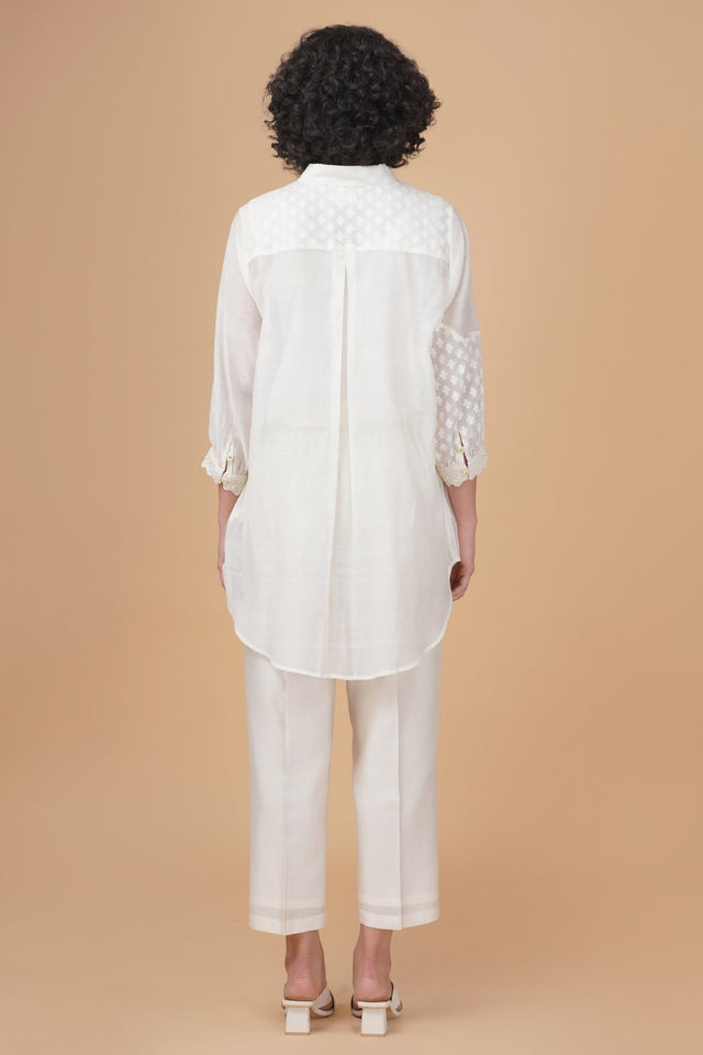 Azisai embroidery with cross stitch embroidery shirt in cotton chanderi and straight pant in silk chanderi - Two-Piece Set - Mizyana