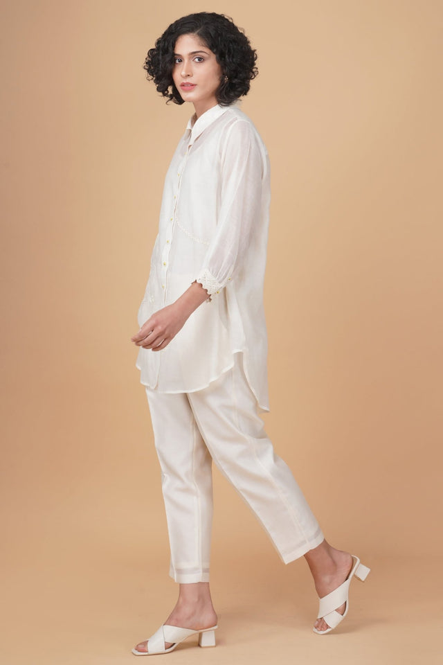 Azisai embroidery with cross stitch embroidery shirt in cotton chanderi and straight pant in silk chanderi - Two-Piece Set - Mizyana