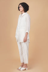 Azisai embroidery with cross stitch embroidery shirt in cotton chanderi and straight pant in silk chanderi - Two-Piece Set - Mizyana