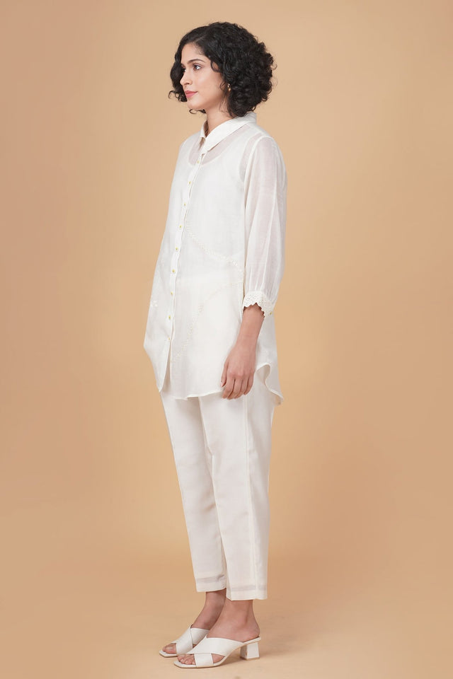 Azisai embroidery with cross stitch embroidery shirt in cotton chanderi and straight pant in silk chanderi - Two-Piece Set - Mizyana