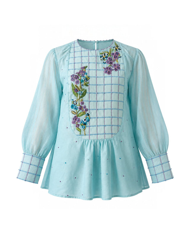 Azure Aqua Checkered Embroidered Cotton Silk Blouse - Blouse - Mizyana