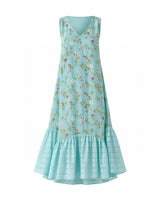 Azure Aqua Floral Crepe Cotton Silk Midi Dress - Dress - Mizyana