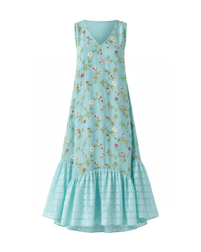 Azure Aqua Floral Crepe Cotton Silk Midi Dress - Dress - Mizyana