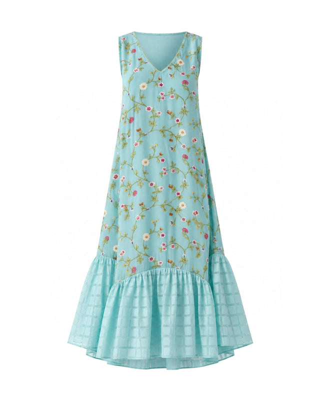 Azure Aqua Floral Crepe Cotton Silk Midi Dress - Dress - Mizyana