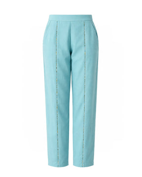 Azure Aqua Linen Straight Trousers - Trousers - Mizyana