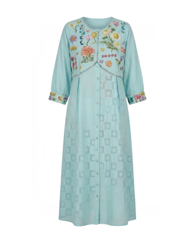 Azure Beaded Floral Embroidered Button-Front Midi Dress - Dress - Mizyana