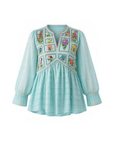 Azure Beaded Floral Embroidered Linen Organza Blouse - Blouse - Mizyana