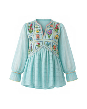 Azure Beaded Floral Embroidered Linen Organza Blouse - Blouse - Mizyana
