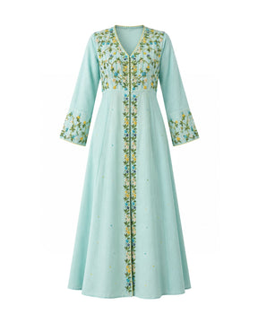 Azure Beaded Floral Embroidered Linen Tunic - Tunic - Mizyana