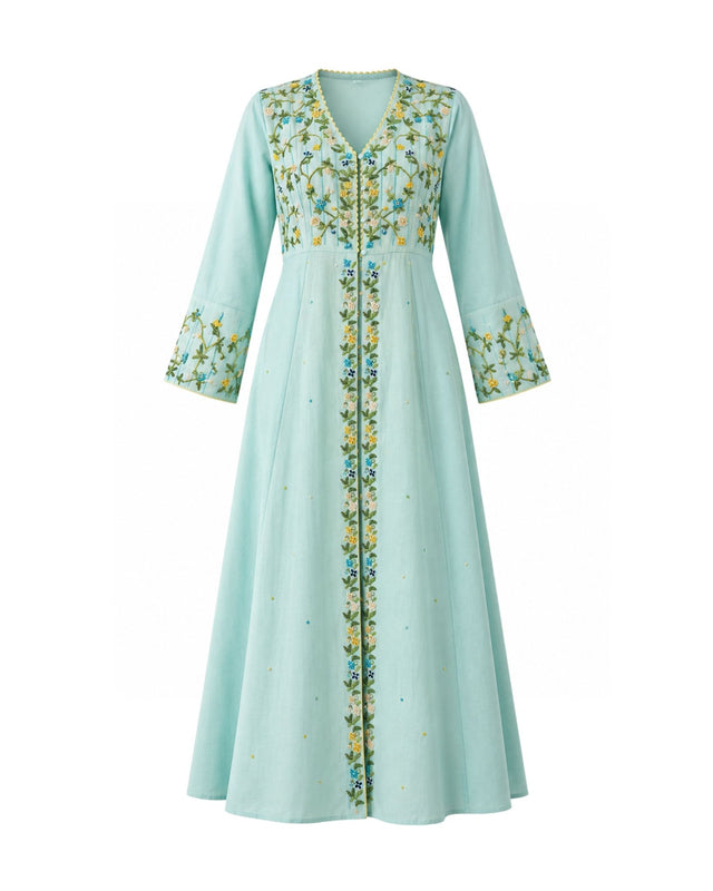Azure Beaded Floral Embroidered Linen Tunic - Tunic - Mizyana