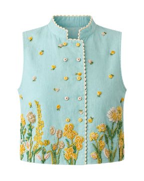 Azure Beaded Floral Embroidered Linen Vest - Vest - Mizyana
