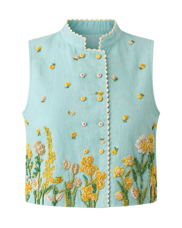 Azure Beaded Floral Embroidered Linen Vest - Vest - Mizyana