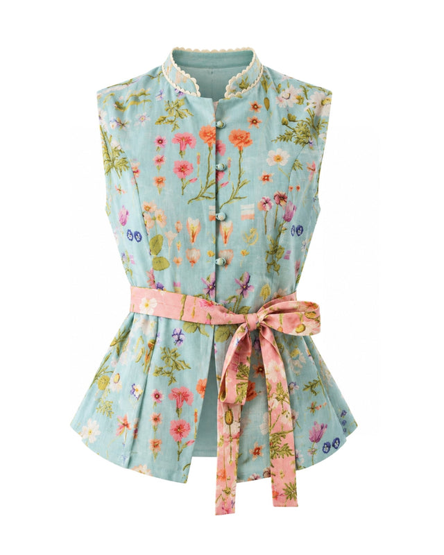 Azure Floral Peplum Linen Belted Vest - Vest - Mizyana