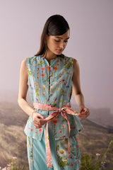 Azure Floral Waistcoat - Coat - Mizyana