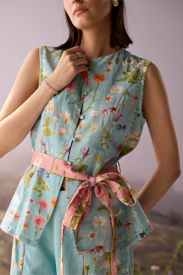 Azure Floral Waistcoat - Coat - Mizyana