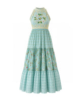 Azure Halter Neck Floral Embroidered Maxi Dress - Dress - Mizyana