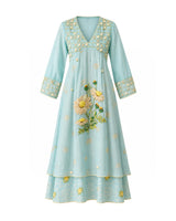Azure Layered Daisy Embroidered Cotton Silk Dress - Dress - Mizyana