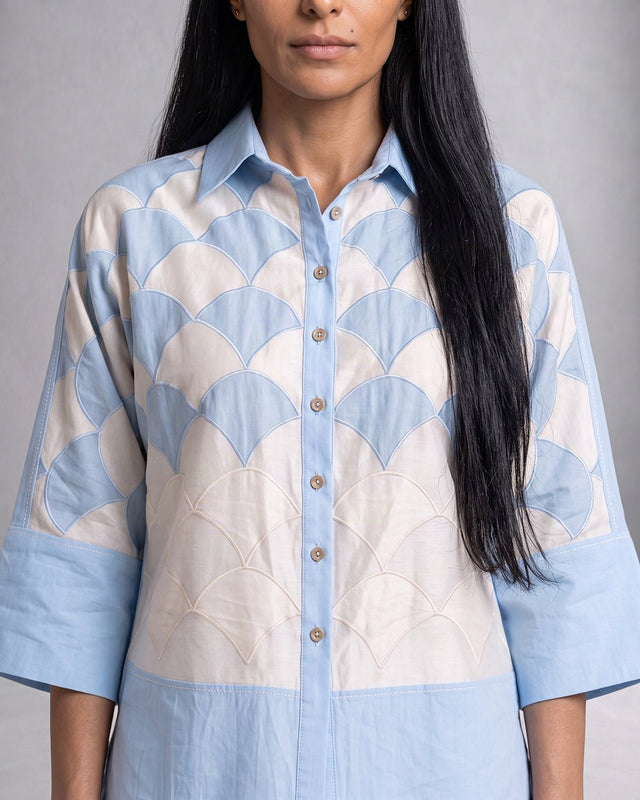 Baasa Scalloped Lattice Applique Cotton Shirt with High-Low Hem - Shirt - Mizyana