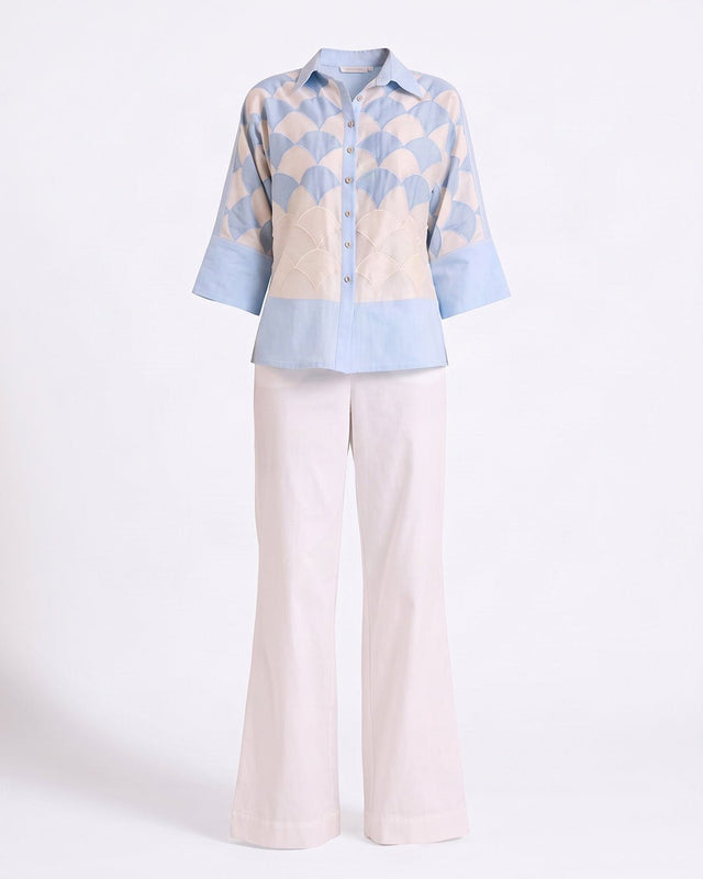 Baasa Scalloped Lattice Applique Cotton Shirt with High-Low Hem - Shirt - Mizyana