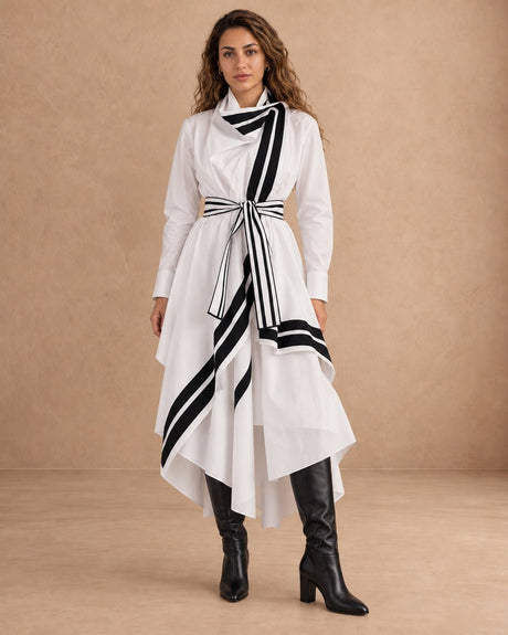 Baco White Stripe Trim Cotton Shirt Jacket with Belt - Jacket - Mizyana