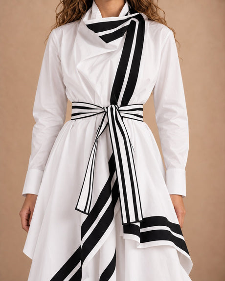 Baco White Stripe Trim Cotton Shirt Jacket with Belt - Jacket - Mizyana
