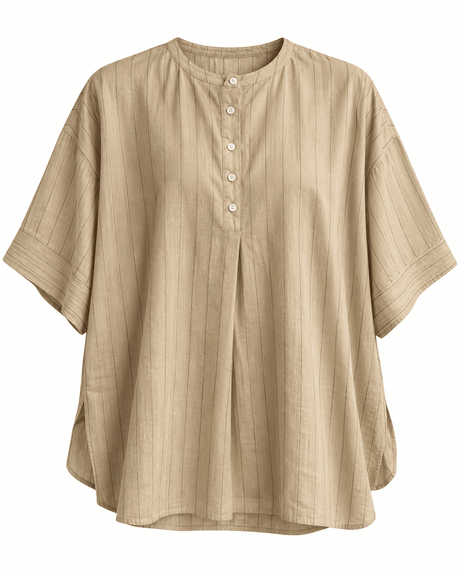 Balance Beige Striped Handwoven Cotton Kurta Shirt with Kimono Sleeves - Shirt - Mizyana