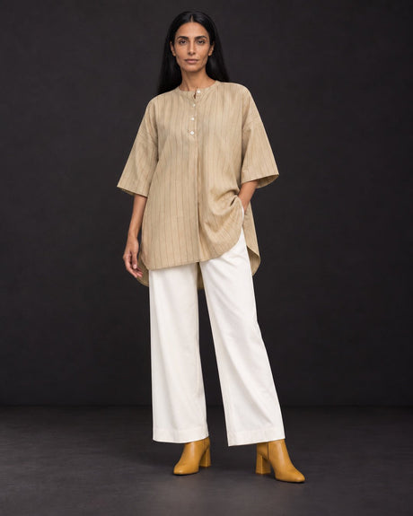 Balance Grain Beige Striped Cotton Kurta Two-Piece Set - Two-Piece Set - Mizyana