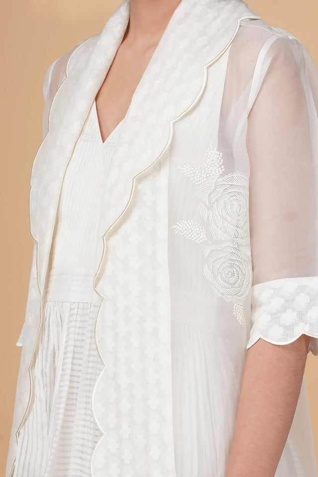 Bara embroidery jacket in silk organza and solid overlap dress in stripe organza - Two-Piece Set - Mizyana