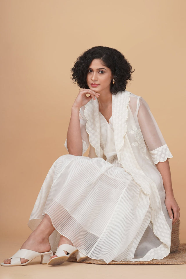 Bara embroidery jacket in silk organza and solid overlap dress in stripe organza - Two-Piece Set - Mizyana