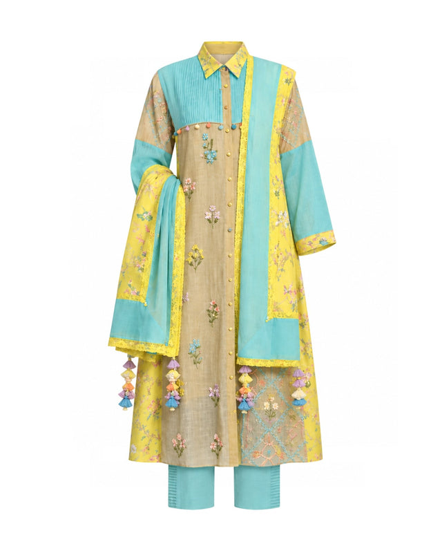 Basant Neela Colour Block Linen Chanderi Kurta Three-Piece Set - Three-Piece Set - Mizyana