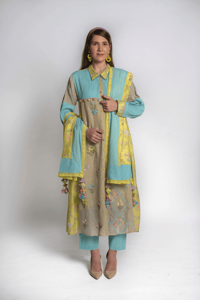 Basant Neela Floral Kurta Set - Two-Piece Set - Mizyana