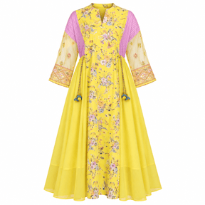 Basant Yellow Floral Printed Cotton Organza Midi Dress - Dress - Mizyana