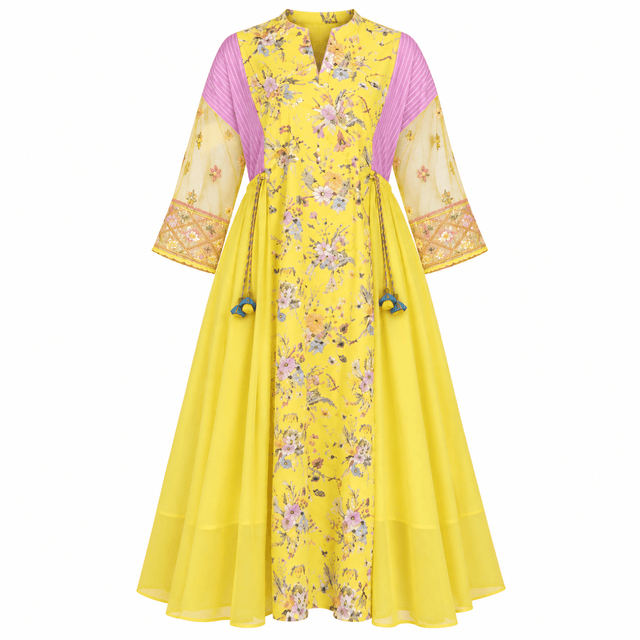 Basant Yellow Floral Printed Cotton Organza Midi Dress - Dress - Mizyana