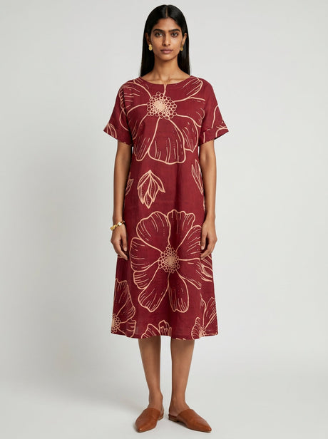 Bea Red Modal Dress by Hasttvam, maroon knee length shift dress with cream outlined florals and short sleeves, front view