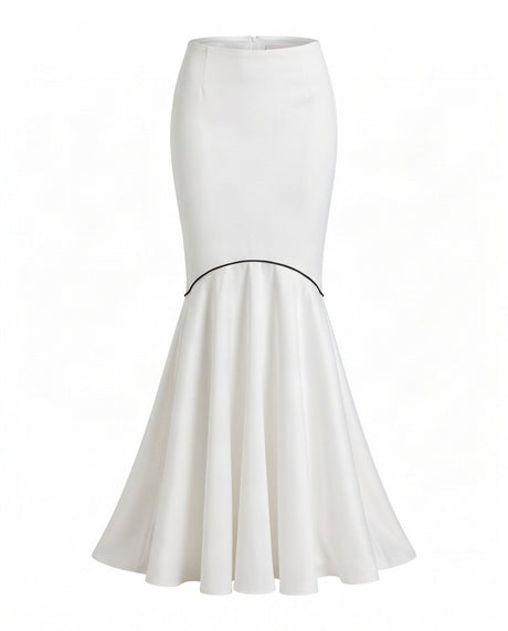 Beda White Piped Mermaid Flare Skirt - Skirt - Mizyana