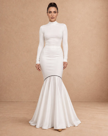 Beda White Piped Mermaid Flare Skirt - Skirt - Mizyana