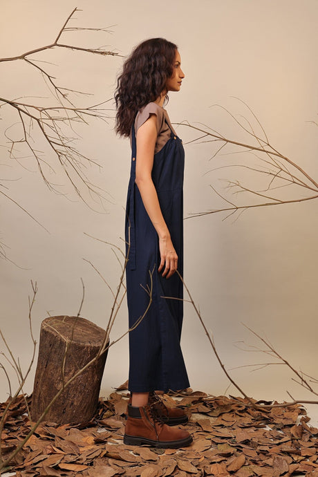 Beige & Blue Dungarees Set (2 PCS) - Two-Piece Set - Mizyana