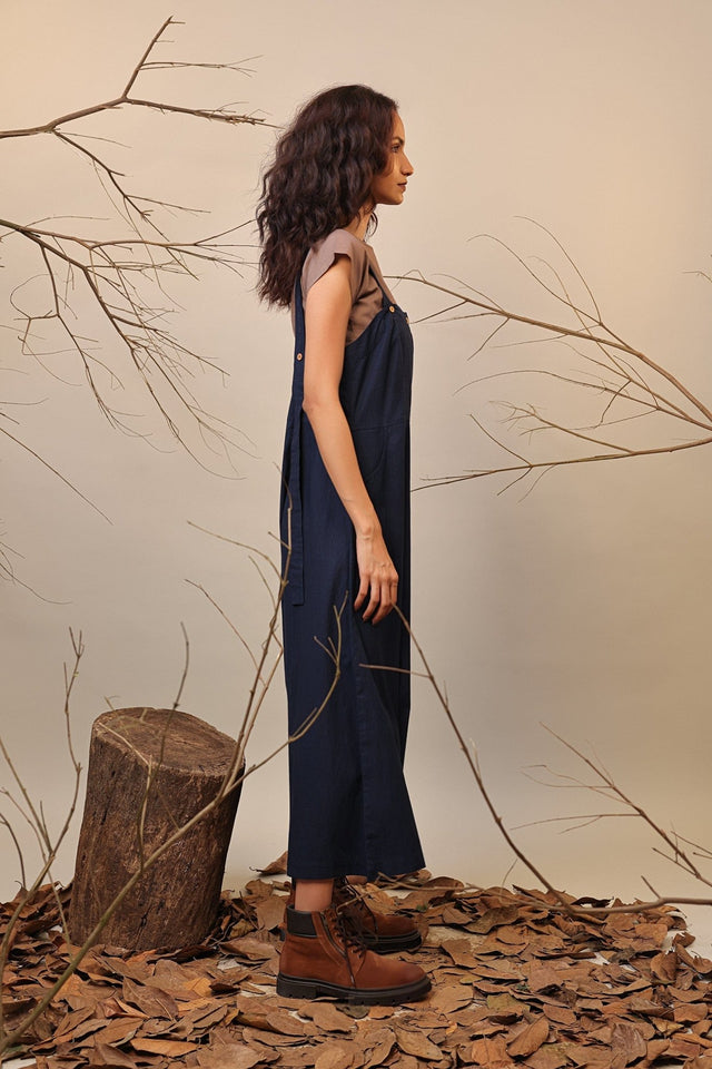 Beige & Blue Dungarees Set (2 PCS) - Two-Piece Set - Mizyana