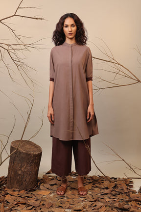 Beige & Brown Shirt Tunic Set (2 PCS) - Two-Piece Set - Mizyana