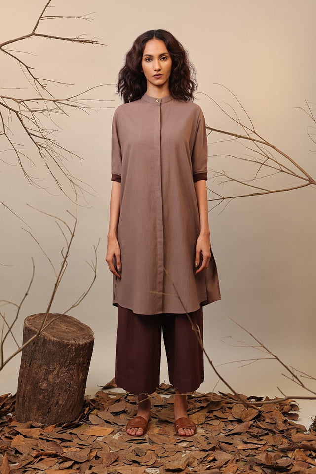 Beige & Brown Shirt Tunic - Shirt - Mizyana