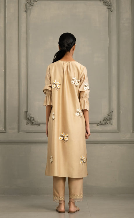 Beige Chanderi Embroidered Tunic Set back view showing floral embroidery and gathered sleeves