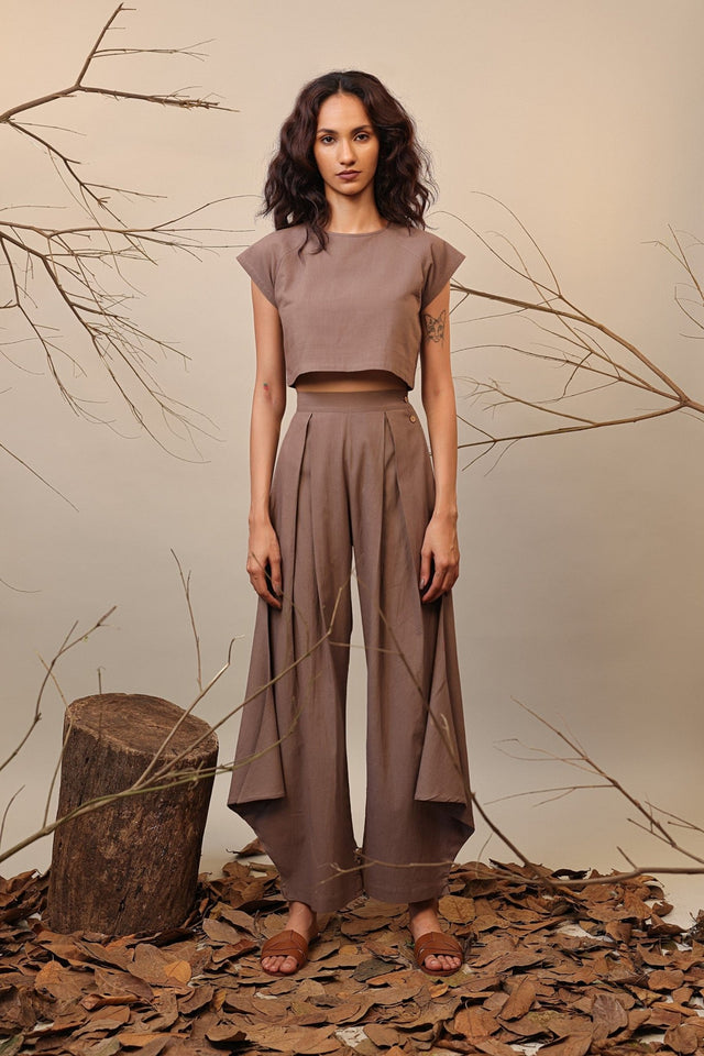 Beige Crop Cowl Set (2 PCS) - Two-Piece Set - Mizyana