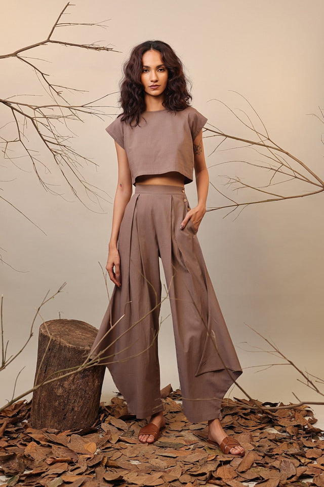 Beige Crop Cowl Set (2 PCS) - Two-Piece Set - Mizyana