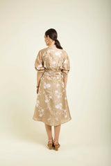 Beige Discharge Print Tie Up Dress In Silk Chanderi With Embroidery Details - Dress - Mizyana